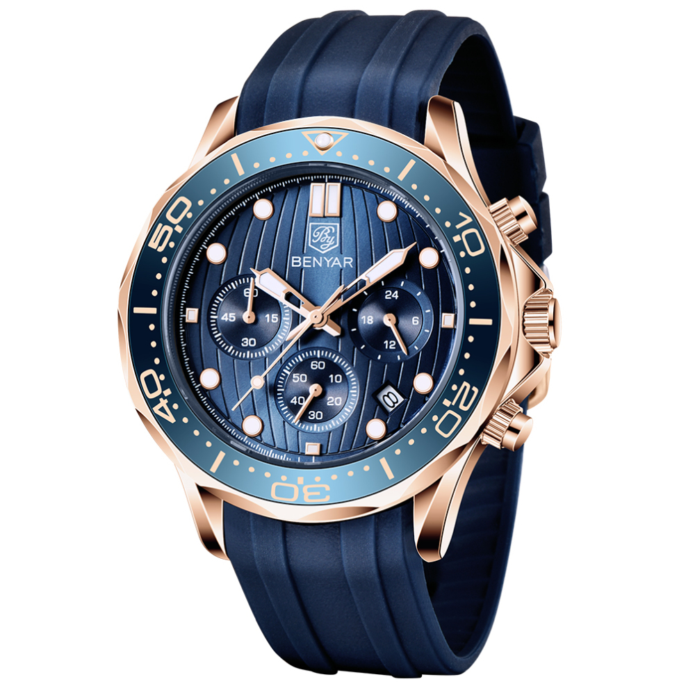 BENYAR New Men's Quartz Watches Waterproof Silicone Watchband Chronograph Wrist Watch for Men Auto Date Rotated Aluminum Bezel Luminous Dial