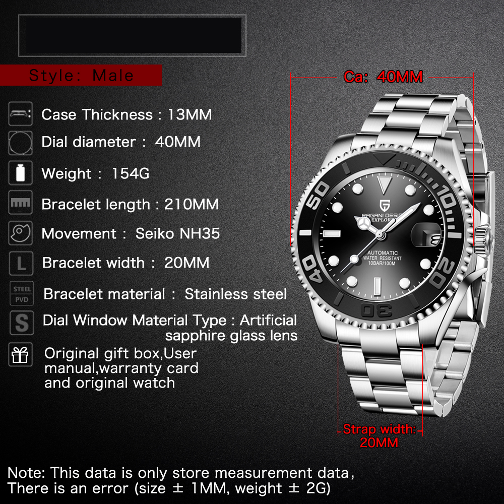 PAGANI DESIGN Automatic Men's Watches Explorer Homage Stainless Steel Fashion Wrist Watch with Seiko NH35A Movement Sapphire Ceramic Bezel 100M Waterp