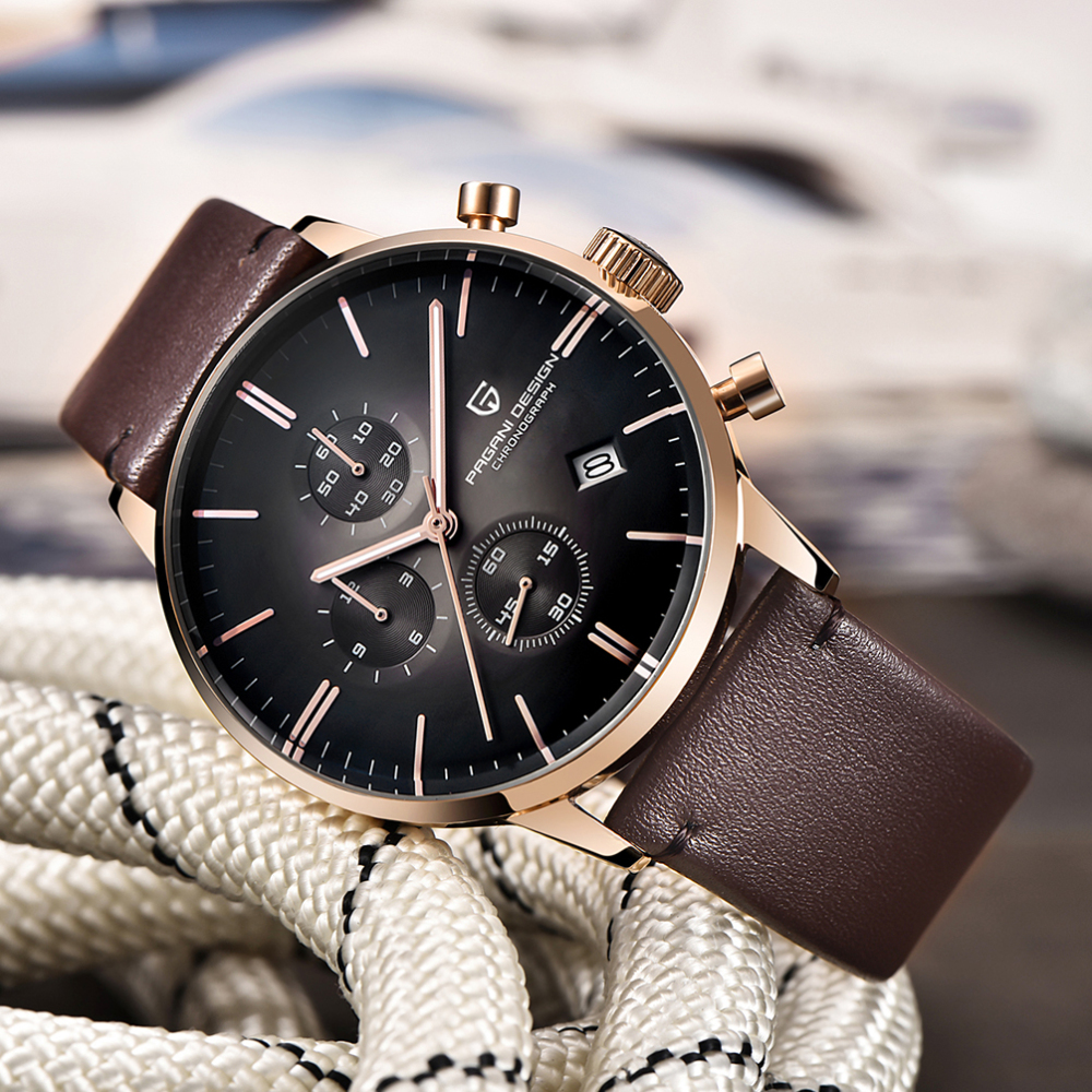 PAGANI DESIGN Luxury Men's Watches Genuine Leather Strap Stainless Steel Case Waterproof Seiko VK67 Quartz Wrist Watch for Men Chronograph Auto Date