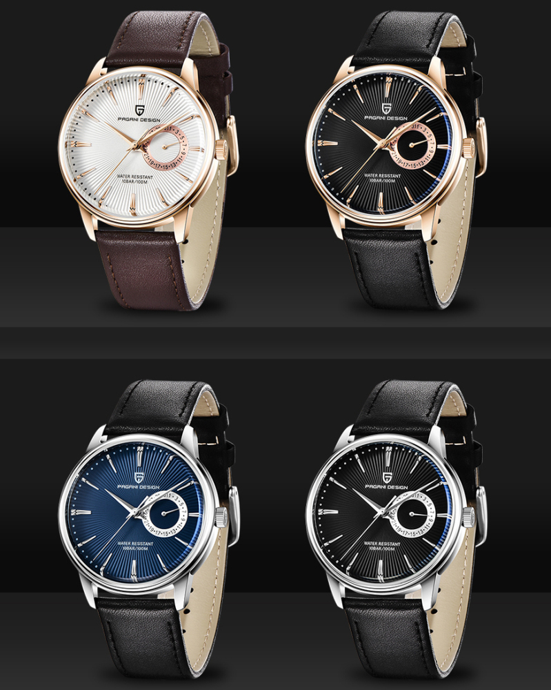 PAGANI DESIGN Leather Strap Men's Watches 100M Waterproof Luxury Wrist Watch with Seiko VH65 Quartz Movement Hard Coated Dial Glass