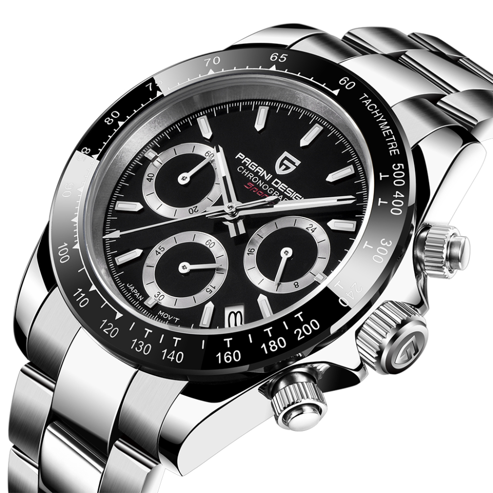 PAGANI DESIGN Men's Quartz Watches Daytona Homage Wrist Watch with Seiko VK63 Movement Sapphire Glass Waterproof Stainless Steel Strap Ceramic Bezel