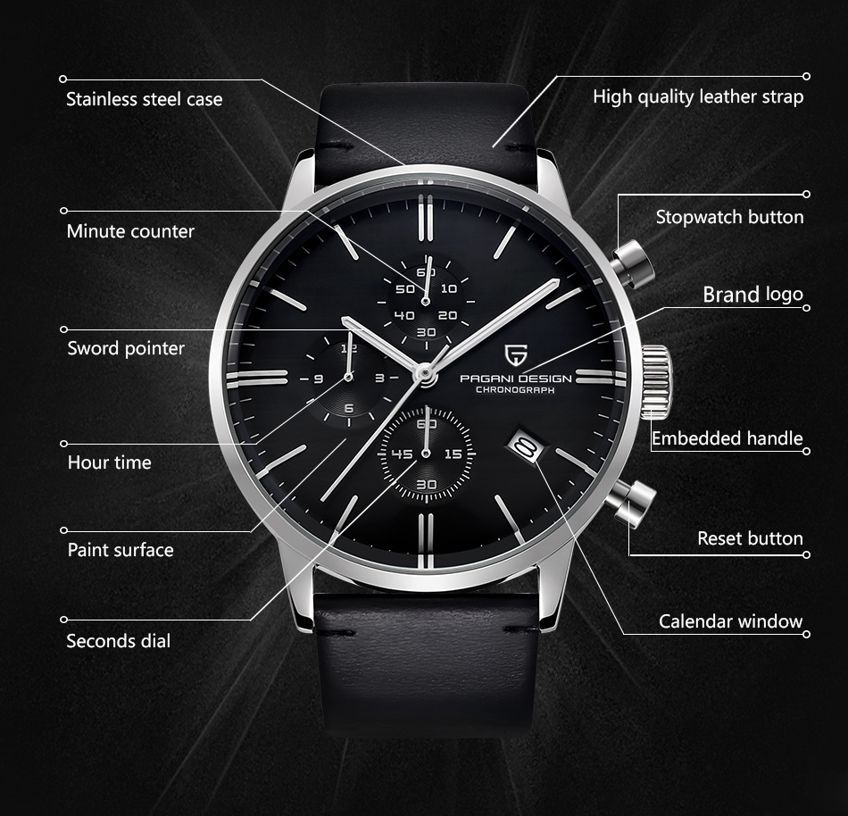 PAGANI DESIGN Luxury Men's Watches Genuine Leather Strap Stainless Steel Case Waterproof Seiko VK67 Quartz Wrist Watch for Men Chronograph Auto Date