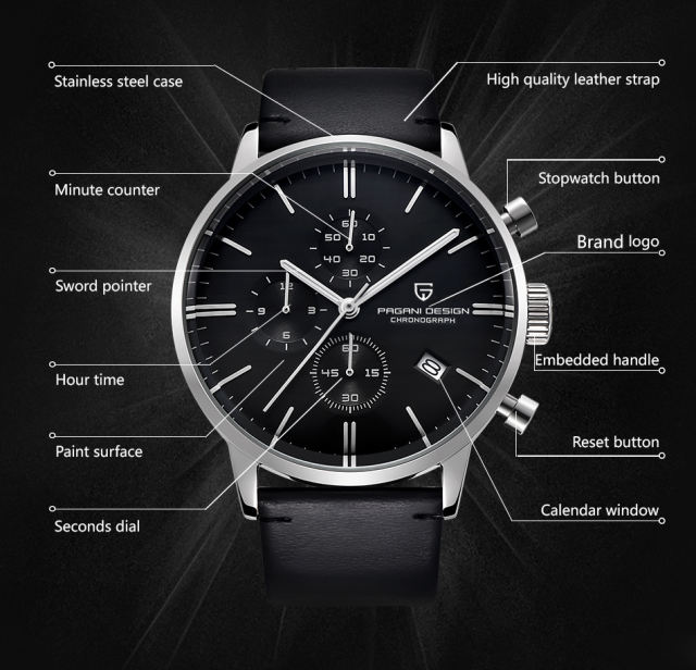 PAGANI DESIGN Luxury Men's Watches Genuine Leather Strap Stainless Steel Case Waterproof Seiko VK67 Quartz Wrist Watch for Men Chronograph Auto Date