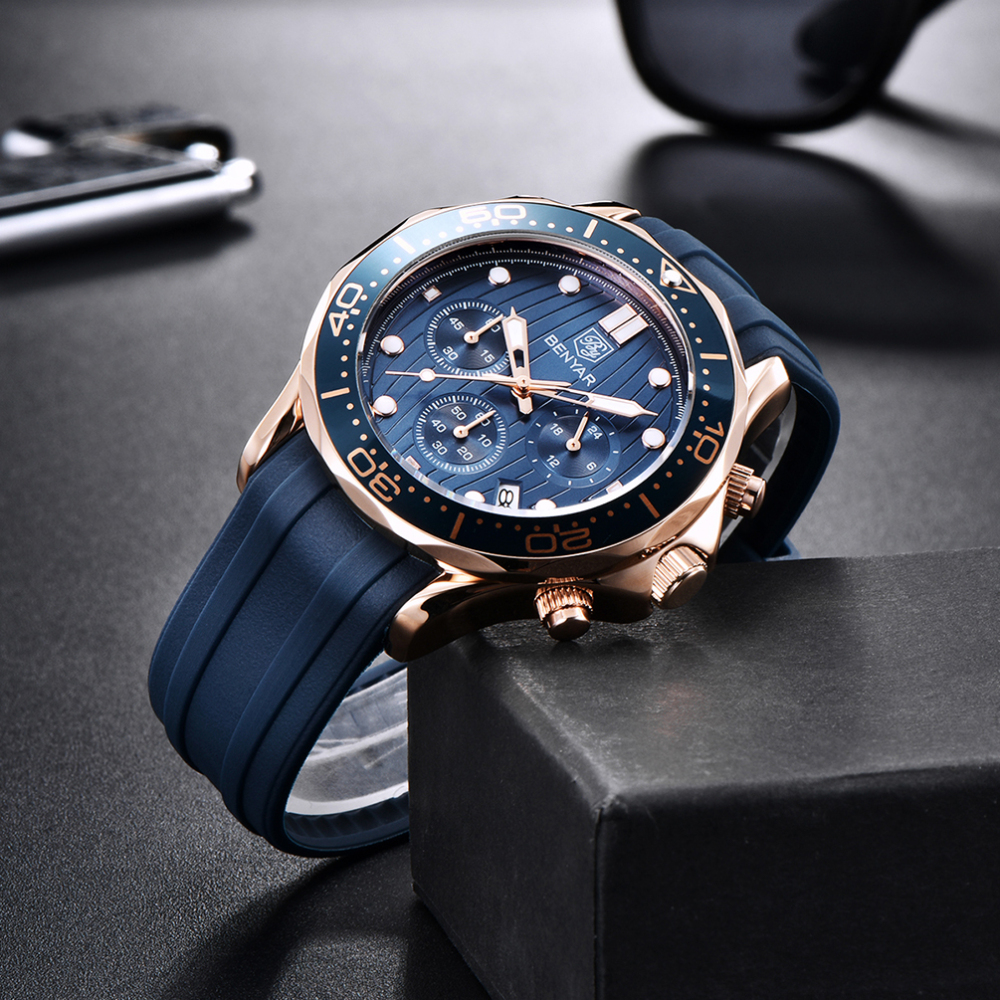 BENYAR New Men's Quartz Watches Waterproof Silicone Watchband Chronograph Wrist Watch for Men Auto Date Rotated Aluminum Bezel Luminous Dial