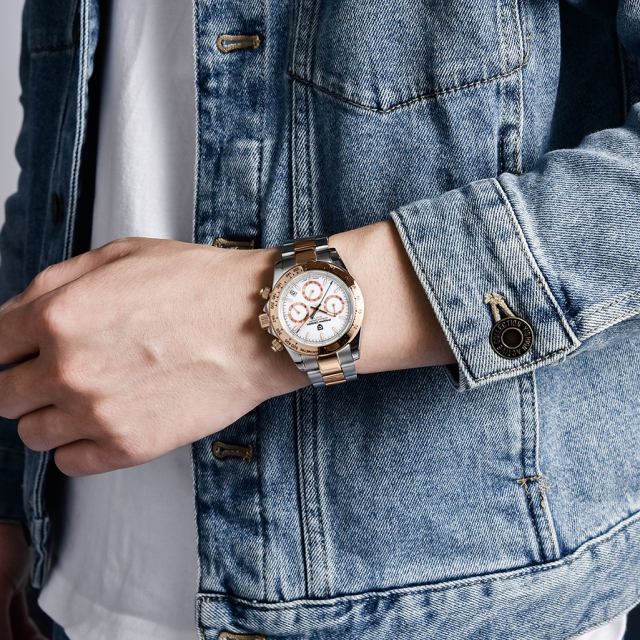 PAGANI DESIGN Rose Gold Men's Quartz Watches Daytona Homage Wrist Watch with Seiko VK63 Movement Sapphire Glass Waterproof Stainless Steel Strap Ceram