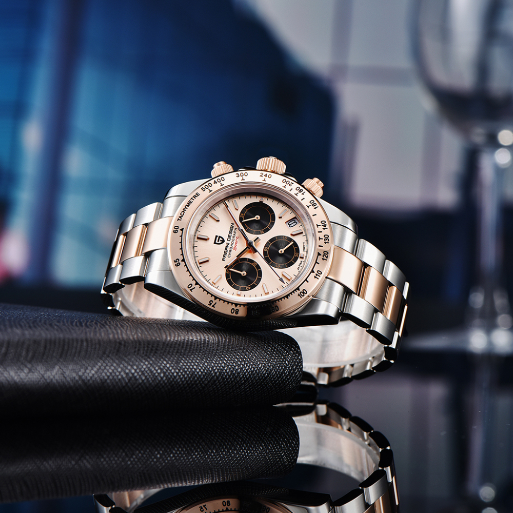 PAGANI DESIGN Rose Gold Men's Quartz Watches Daytona Homage Wrist Watch with Seiko VK63 Movement Sapphire Glass Waterproof Stainless Steel Strap Ceram