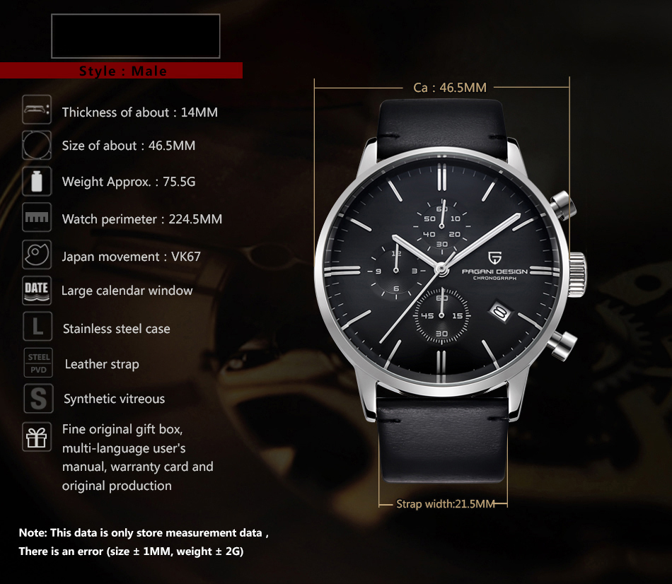 PAGANI DESIGN Luxury Men's Watches Genuine Leather Strap Stainless Steel Case Waterproof Seiko VK67 Quartz Wrist Watch for Men Chronograph Auto Date