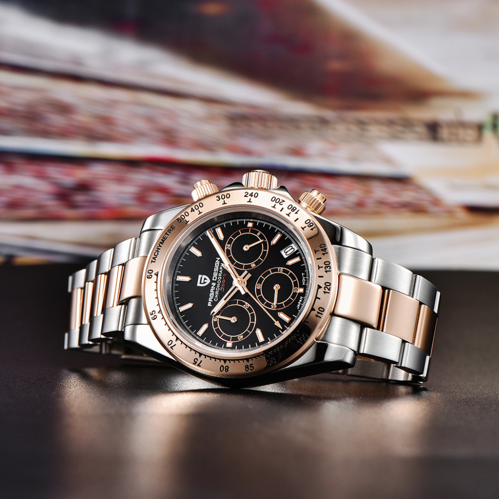 PAGANI DESIGN Rose Gold Men's Quartz Watches Daytona Homage Wrist Watch with Seiko VK63 Movement Sapphire Glass Waterproof Stainless Steel Strap Ceram