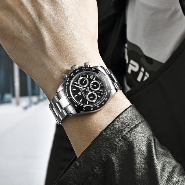 PAGANI DESIGN Men's Quartz Watches Daytona Homage Wrist Watch with Seiko VK63 Movement Sapphire Glass Waterproof Stainless Steel Strap Ceramic Bezel