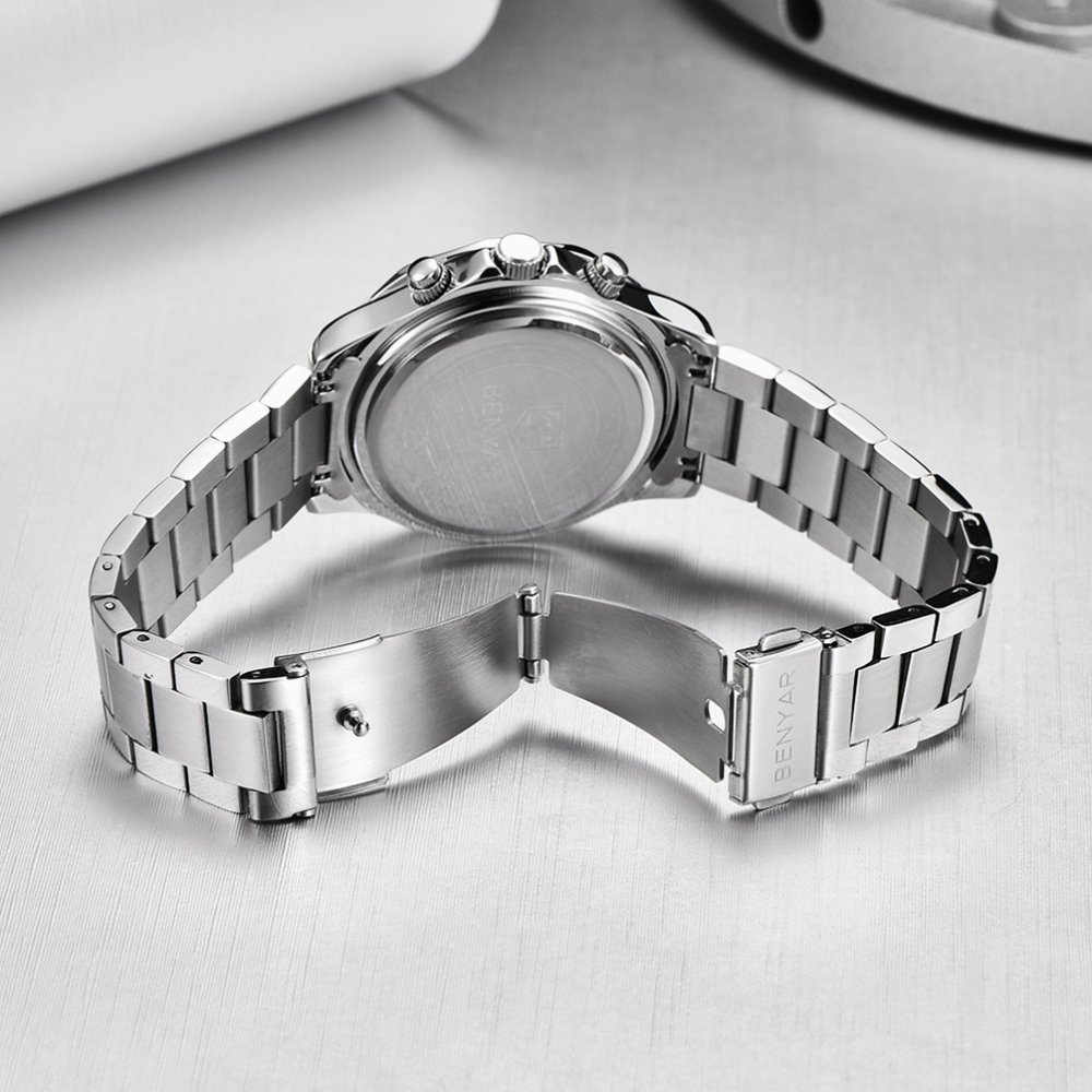 BENYAR New Men's Quartz Watches Waterproof Stainless Steel Chronograph Wrist Watch for Men Auto Date Rotated Aluminum Bezel Luminous Dial