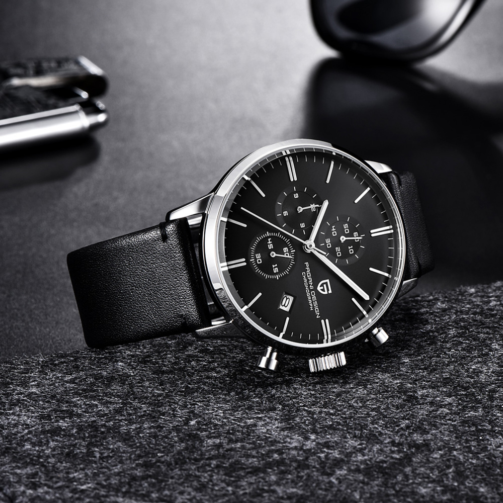 PAGANI DESIGN Luxury Men's Watches Genuine Leather Strap Stainless Steel Case Waterproof Seiko VK67 Quartz Wrist Watch for Men Chronograph Auto Date