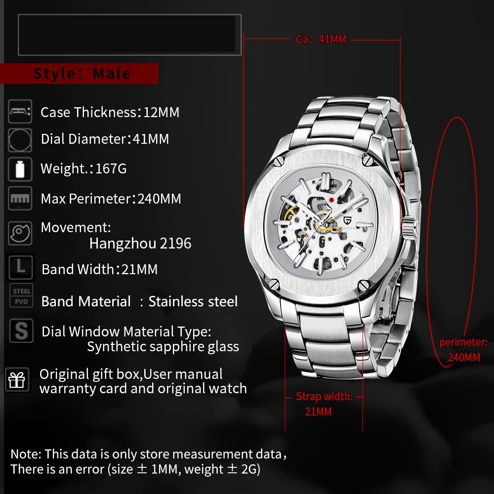 PAGANI DESIGN Skeleton Automatic Men's Watches 100M Waterproof full Stainless Steel Wrist Watch for Men Sapphire Dial Glass Deployment Clasp