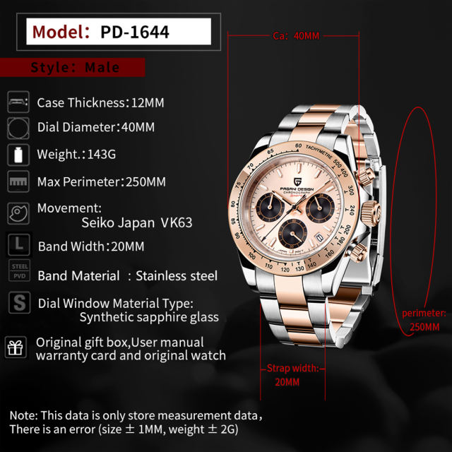 PAGANI DESIGN Rose Gold Men's Quartz Watches Daytona Homage Wrist Watch with Seiko VK63 Movement Sapphire Glass Waterproof Stainless Steel Strap Ceram