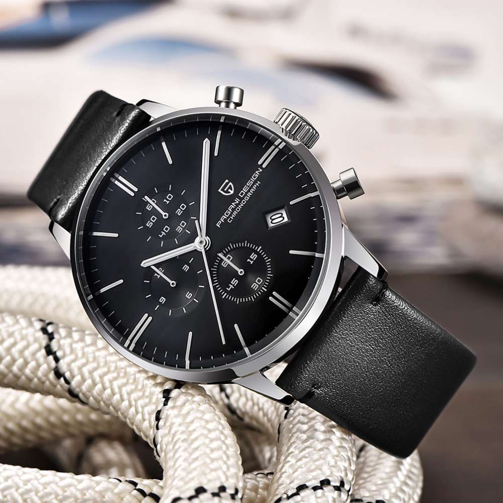 PAGANI DESIGN Luxury Men's Watches Genuine Leather Strap Stainless Steel Case Waterproof Seiko VK67 Quartz Wrist Watch for Men Chronograph Auto Date