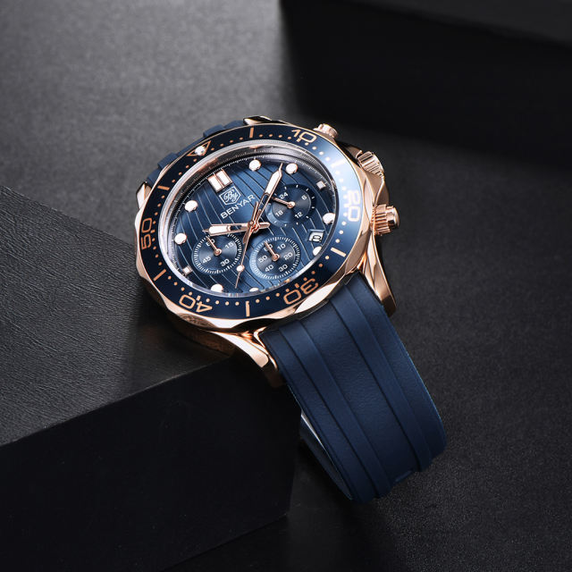 BENYAR New Men's Quartz Watches Waterproof Silicone Watchband Chronograph Wrist Watch for Men Auto Date Rotated Aluminum Bezel Luminous Dial
