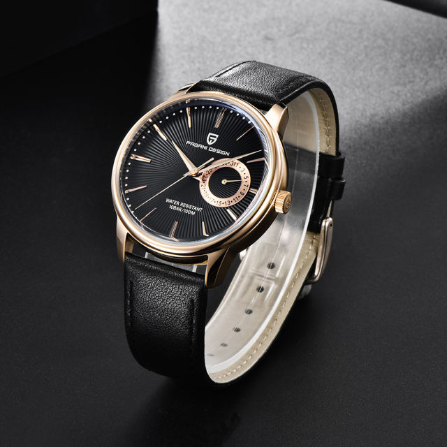 PAGANI DESIGN Leather Strap Men's Watches 100M Waterproof Luxury Wrist Watch with Seiko VH65 Quartz Movement Hard Coated Dial Glass