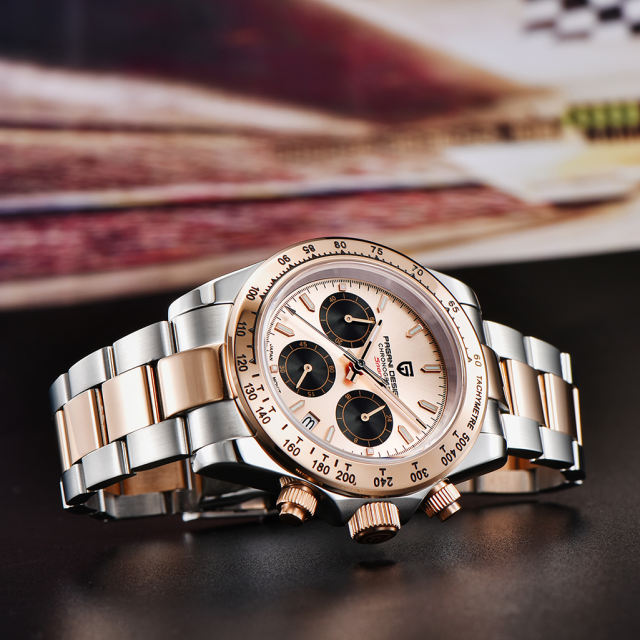 PAGANI DESIGN Rose Gold Men's Quartz Watches Daytona Homage Wrist Watch with Seiko VK63 Movement Sapphire Glass Waterproof Stainless Steel Strap Ceram