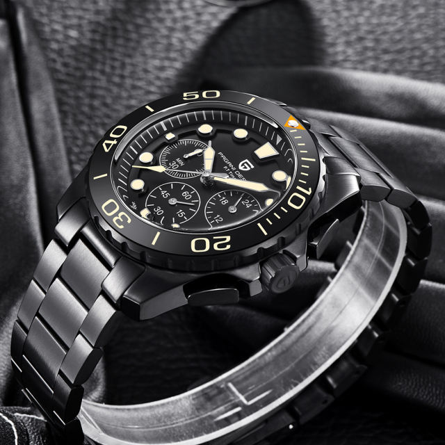 PAGANI DESIGN Men's Quartz Watches Full Stainless Steel Waterproof Wrist Watch for Men Chronograph Auto Date Unique Fashion Black Clock