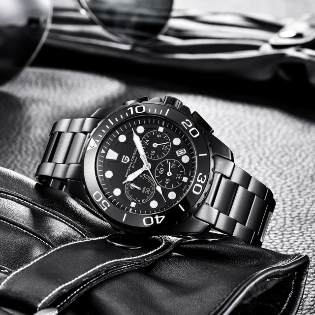 PAGANI DESIGN Men's Quartz Watches Full Stainless Steel Waterproof Wrist Watch for Men Chronograph Auto Date Unique Fashion Black Clock