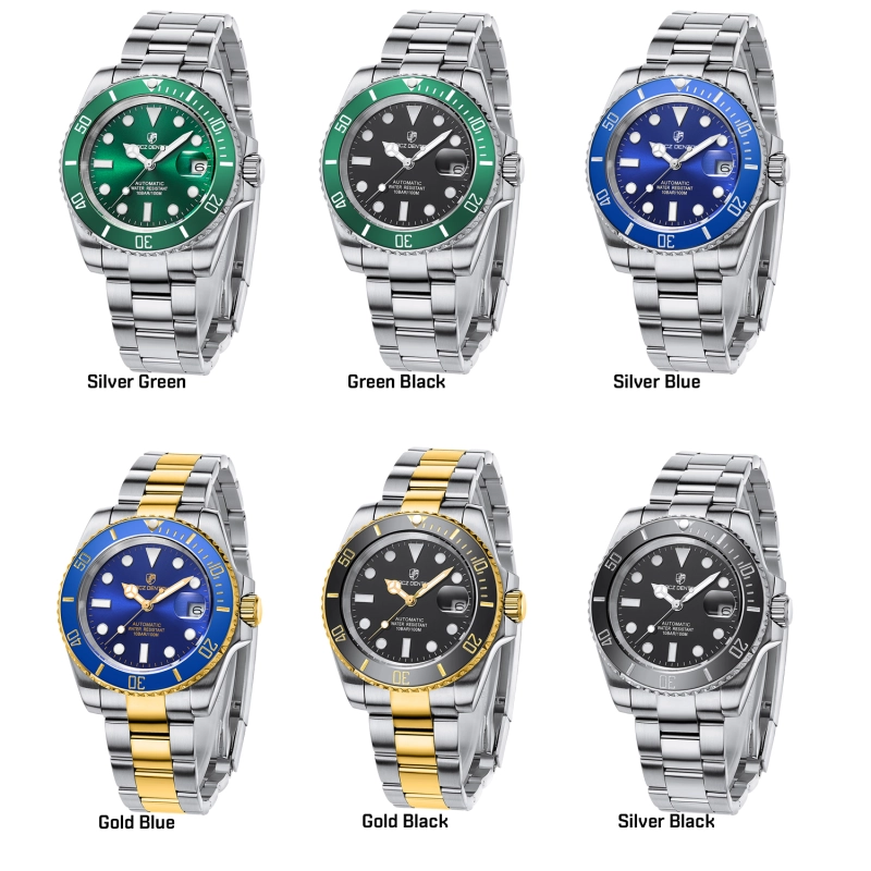 LACZ DENTON Men's Automatic Watch Full Stainless Steel 100M Waterproof 40mm Sub Homage Wrist Watches for Man Sapphire Dial Glass
