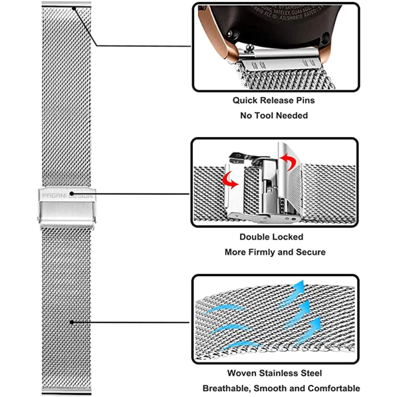 PAGANI DESIGN Original Stainless Steel Mesh Watchband 20mm Width