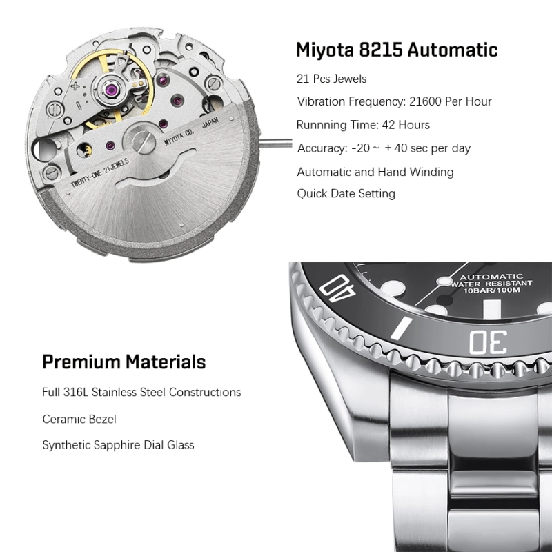 LACZ DENTON Men's Automatic Watch Full Stainless Steel 100M Waterproof 40mm Sub Homage Wrist Watches for Man Sapphire Dial Glass