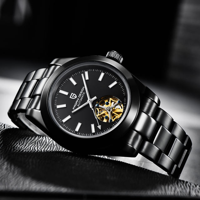 PAGANI DESIGN Black Men's Automatic Watches Casual Tourbilion Stainless Steel Wrist Watch for Men Sapphire Glass 100M Waterproof