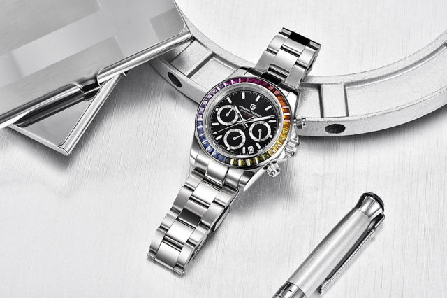 PAGANI DESIGN Men's Quartz Watches Seiko VK65 Movement Chronograph Wrist Watch with Rainbow Bezel 100M Water Resistant Auto Date