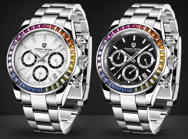 PAGANI DESIGN Men's Quartz Watches Seiko VK65 Movement Chronograph Wrist Watch with Rainbow Bezel 100M Water Resistant Auto Date