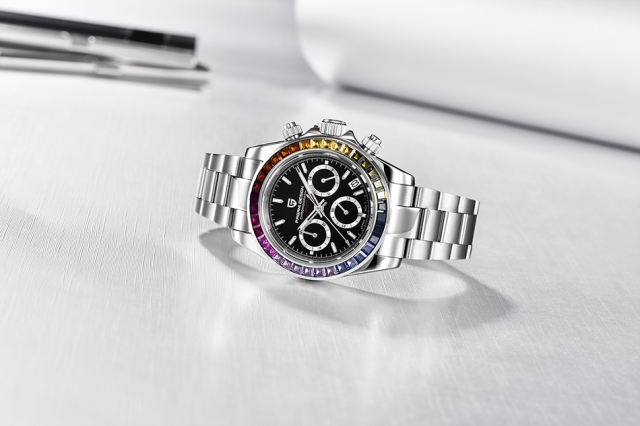 PAGANI DESIGN Men's Quartz Watches Seiko VK65 Movement Chronograph Wrist Watch with Rainbow Bezel 100M Water Resistant Auto Date