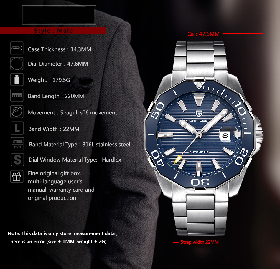 PAGANI DESIGN Automatic Men's Watches Waterproof Stainless Steel Wrist Watch for Men Ceramic Polygon Bezel Unique Design Homage Watches