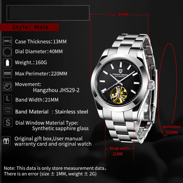 PAGANI DESIGN Black Men's Automatic Watches Casual Tourbilion Stainless Steel Wrist Watch for Men Sapphire Glass 100M Waterproof