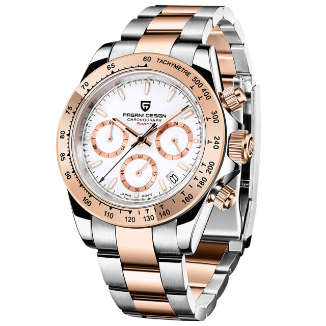 PAGANI DESIGN Rose Gold Men's Quartz Watches Chronograph Sports Wrist Watch with Seiko VK63 Movement Sapphire Glass Waterproof Stainless Steel Strap Ceram