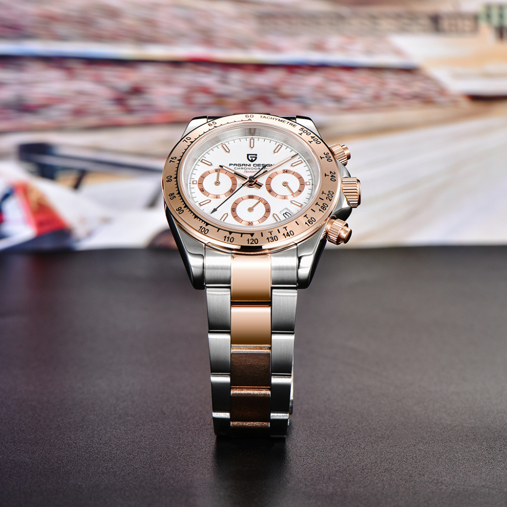 PAGANI DESIGN PD-1644 Rose Gold Men's Quartz Watches Chronograph Sports Wrist Watch with VK63 Movement Sapphire Glass Waterproof Stainless Steel Strap Ceram