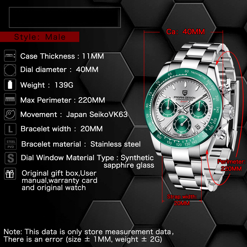 PAGANI DESIGN PD-1644 Men's Quartz Watches Chronograph Sports Wrist Watch with VK63 Movement Sapphire Ceramic Bezel Waterproof Stainless Steel Strap