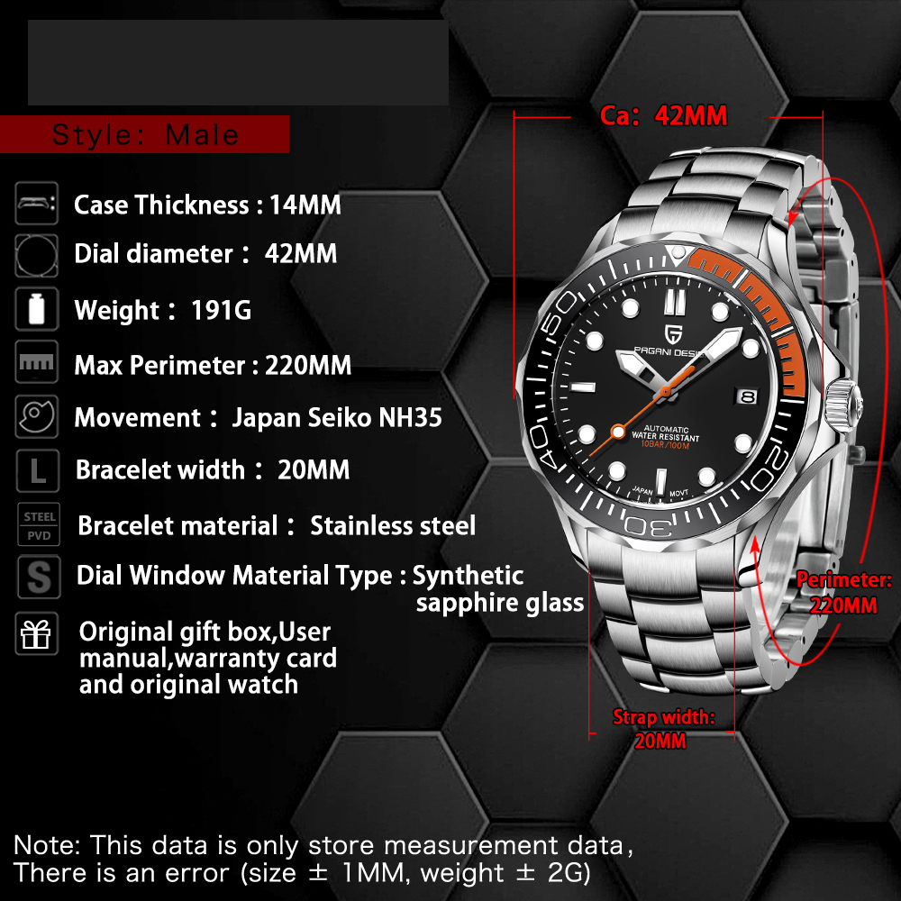 PAGANI DESIGN PD-1667 Men's Watches full Automatic Mechanical Wrist Watch with Stainless Steel Mesh Watchband 100M Water Resistant NH35A Movt