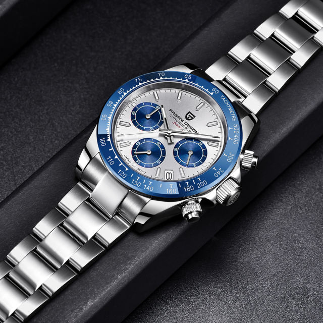 PAGANI DESIGN Blue Men's Quartz Watches Chronograph Sports Wrist Watch with Seiko VK63 Movement Sapphire Ceramic Bezel Waterproof Stainless Steel Strap