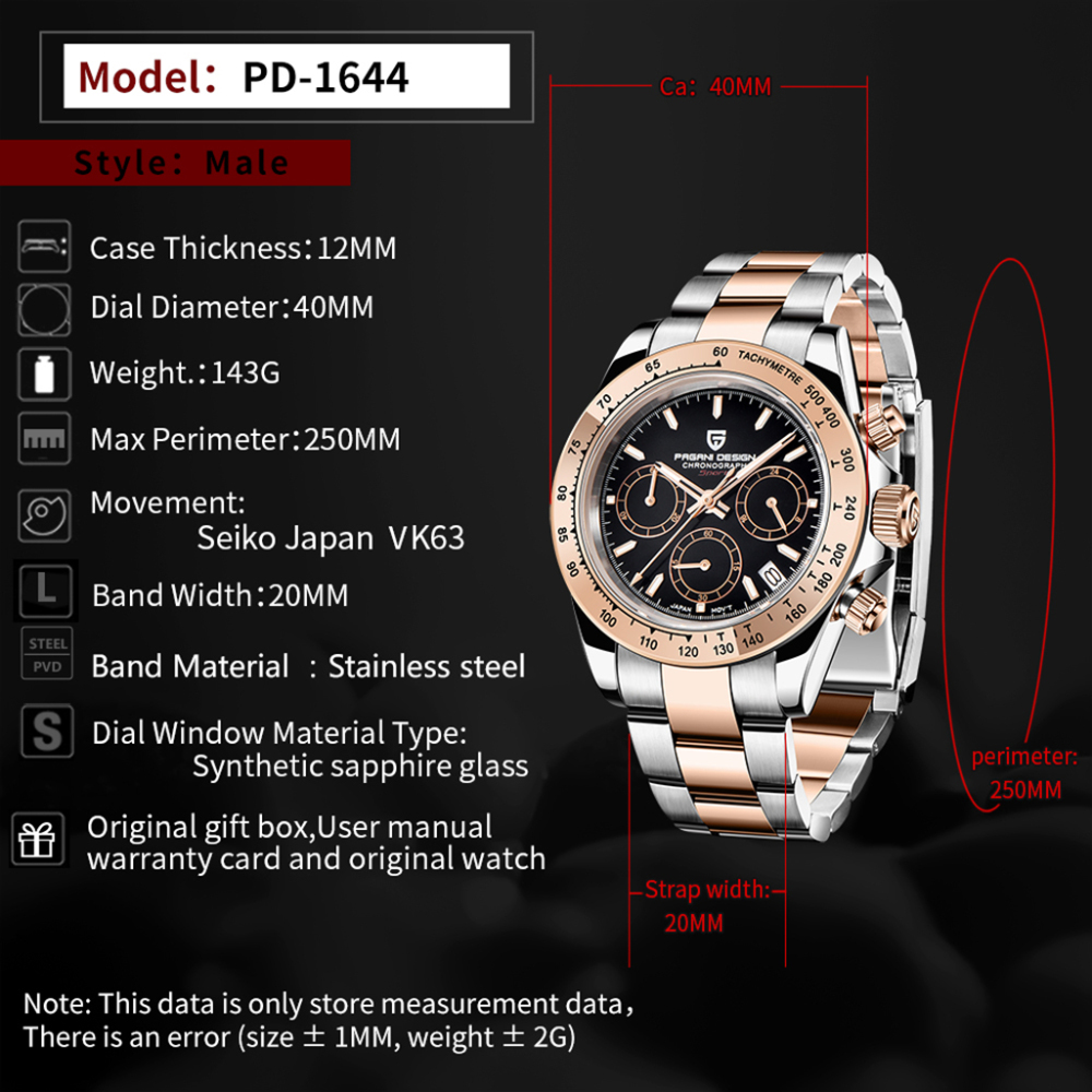PAGANI DESIGN PD-1644 Rose Gold Men's Quartz Watches Chronograph Sports Wrist Watch with VK63 Movement Sapphire Glass Waterproof Stainless Steel Strap Ceram
