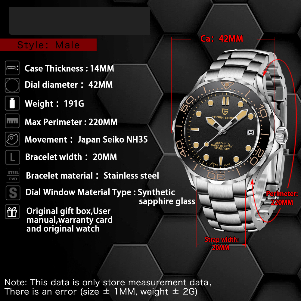 PAGANI DESIGN PD-1667 Men's Watches full Automatic Mechanical Wrist Watch with Stainless Steel Mesh Watchband 100M Water Resistant NH35A Movt