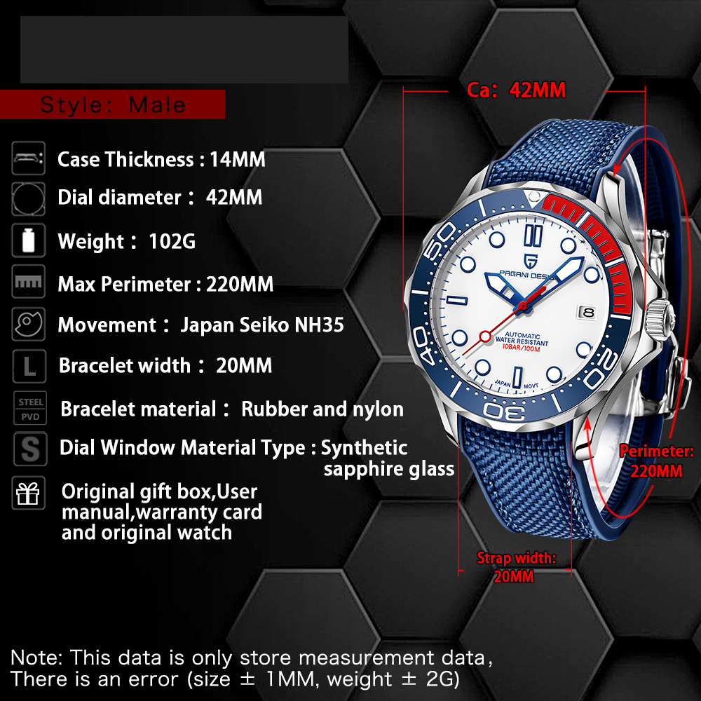 PAGANI DESIGN PD-1667 Men's Watches full Automatic Mechanical Wrist Watch with Stainless Steel Mesh Watchband 100M Water Resistant NH35A Movt