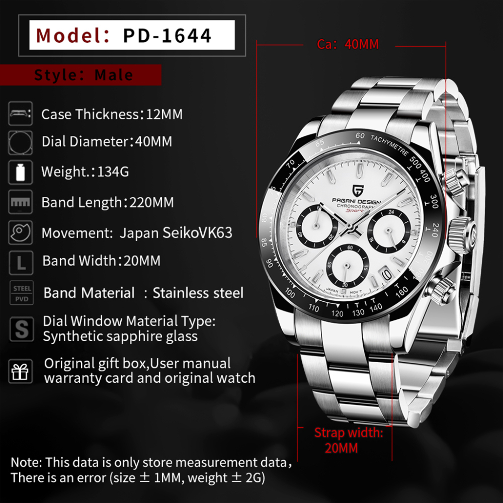 PAGANI DESIGN PD-1644 Rose Gold Men's Quartz Watches Chronograph Sports Wrist Watch with VK63 Movement Sapphire Glass Waterproof Stainless Steel Strap