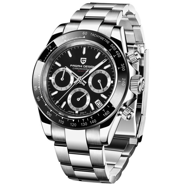 PAGANI DESIGN Men's Quartz Watches Chronograph Sports Wrist Watch with Seiko VK63 Movement Sapphire Glass Waterproof Stainless Steel Strap Ceramic Bezel