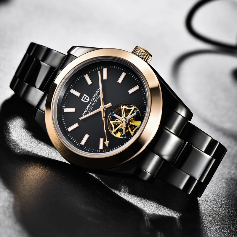 PAGANI DESIGN Black Men's Automatic Watches Casual Tourbilion Stainless Steel Wrist Watch for Men Sapphire Glass 100M Waterproof