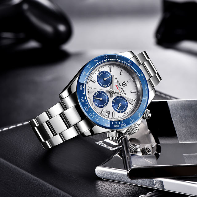 PAGANI DESIGN PD1644 New Men's Quartz Watches Chronograph Sports Wrist Watch with Seiko VK63 Movement Sapphire Ceramic Bezel Waterproof Stainless Steel Strap