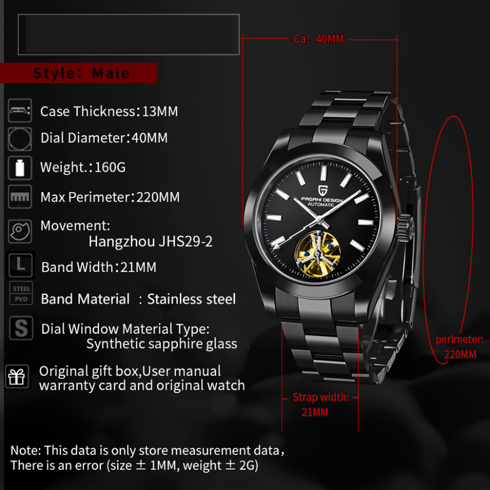 PAGANI DESIGN Black Men's Automatic Watches Casual Tourbilion Stainless Steel Wrist Watch for Men Sapphire Glass 100M Waterproof