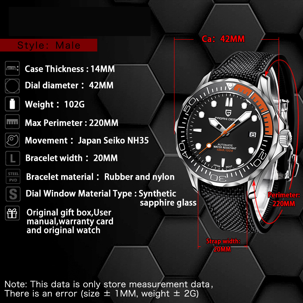 PAGANI DESIGN PD-1667 Men's Watches full Automatic Mechanical Wrist Watch with Stainless Steel Mesh Watchband 100M Water Resistant NH35A Movt