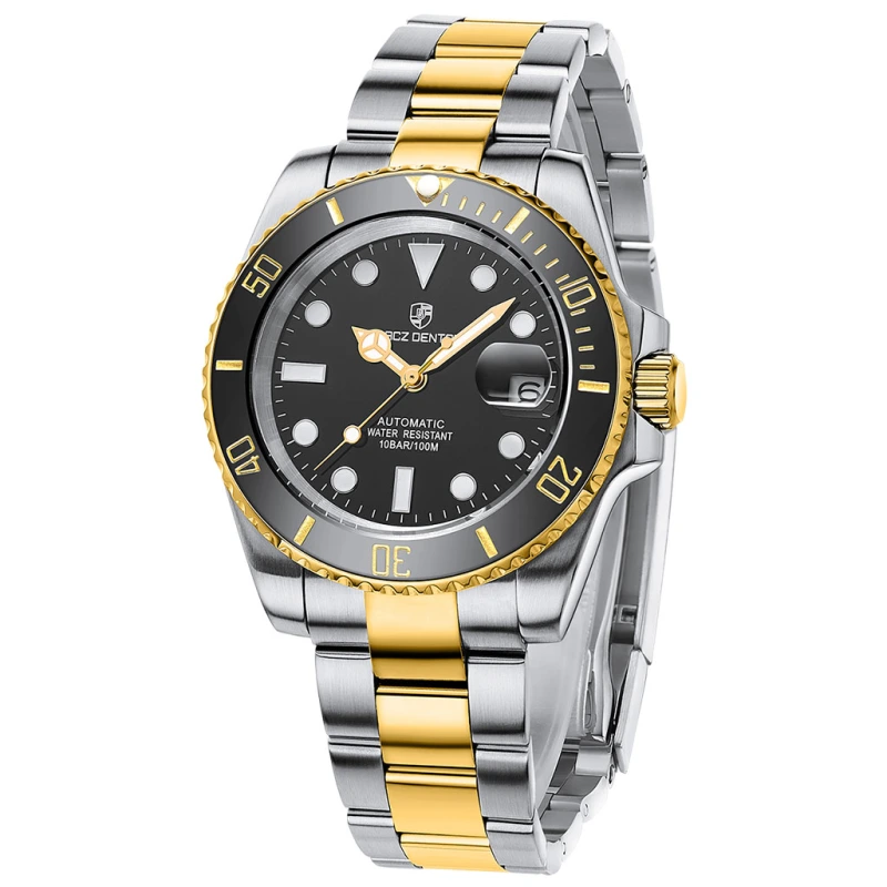 LACZ DENTON Men's Automatic Watch Full Stainless Steel 100M Waterproof 40mm Sub Homage Wrist Watches for Man Sapphire Dial Glass