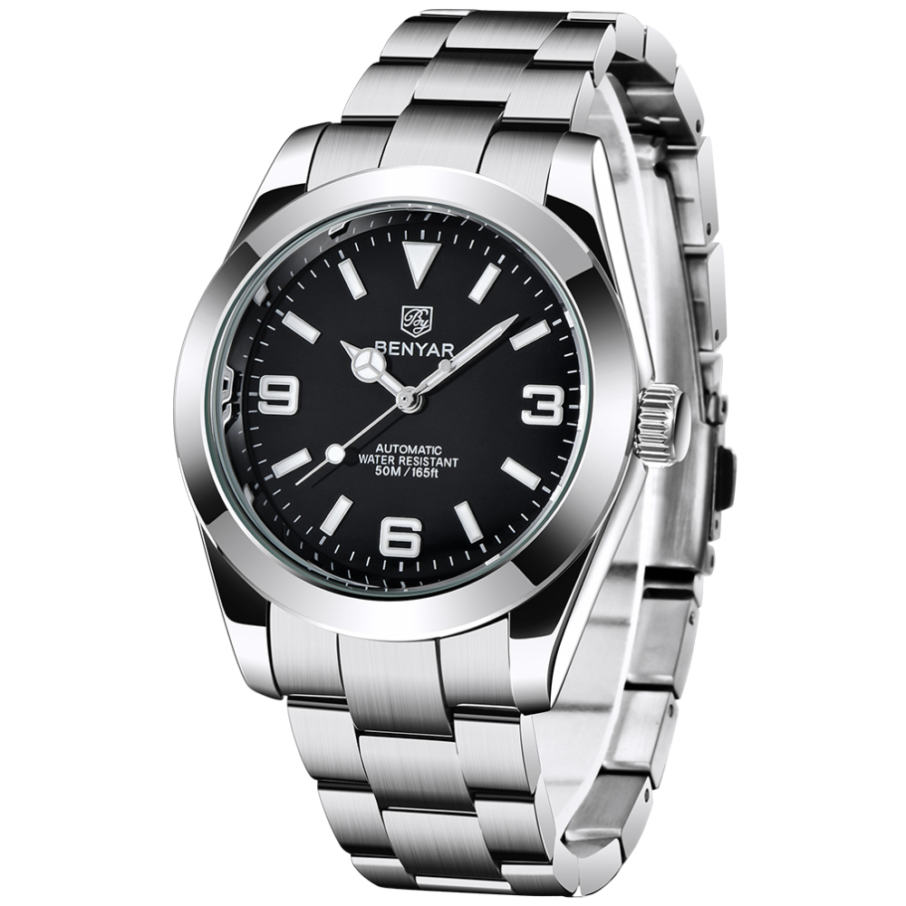 BENYAR Casual Men's Automatic Watches 50M Waterproof Solid Stainless Steel Bracelet Wrist Watch for Men Luminous Wristwatches