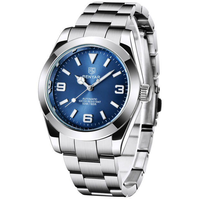 BENYAR Casual Men's Automatic Watches 50M Waterproof Solid Stainless Steel Bracelet Wrist Watch for Men Luminous Wristwatches