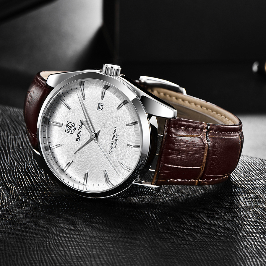 BENYAR Casual Men's Quartz Watches Miyota Movement Genuine Leather Watchband Sports Waterproof Wrist Watch for Men Auto Date Buckle BY5163M